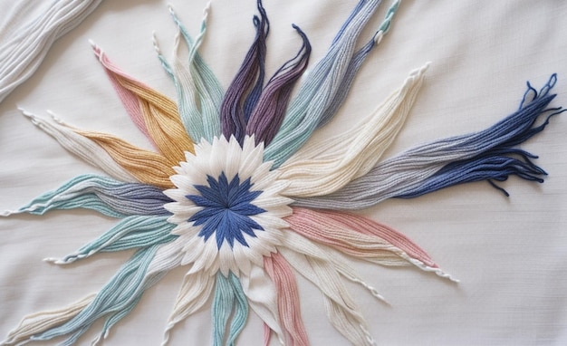 haftowany motyw na lnianej tkaninie